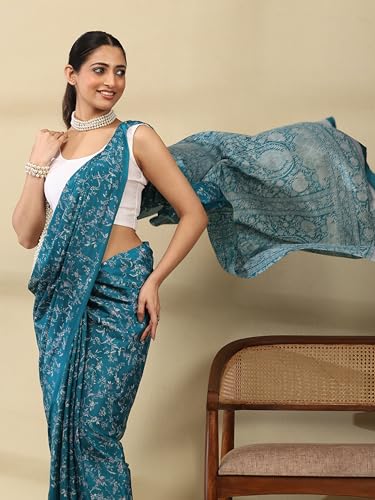 Image of Garden Vareli Floral Print Crepe Saree With Unstitched Blouse Piece