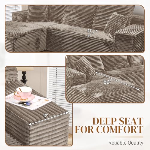 Image of 108 inch L Shaped Boneless Sectional Couches for Living Room, Comfy Corduroy Floor Cloud Sofa with Chaise, Wide Armrest, Deep Seat, Memory Foam, Assembly Free, Ideal for Small Spaces, Brown