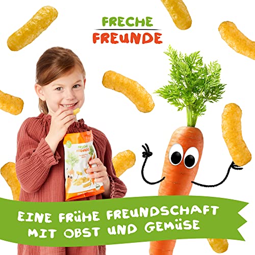 FRECHE FREUNDE Bio Knusper-Flips Karotte, Snack mit Mais, ohne Zuckerzusatz, Knabberzeug für Kinder und Babys ab 1 Jahr, vegan, 9er Pack (9 x 30g)