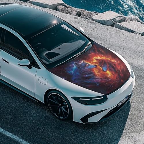 Image of Wolf and Flame Car Hood Cover Polyester Elastic Fabrics Can be Washed Suitable for Auto Car Truck, Van, SUV, Pickup,Car Accessories
