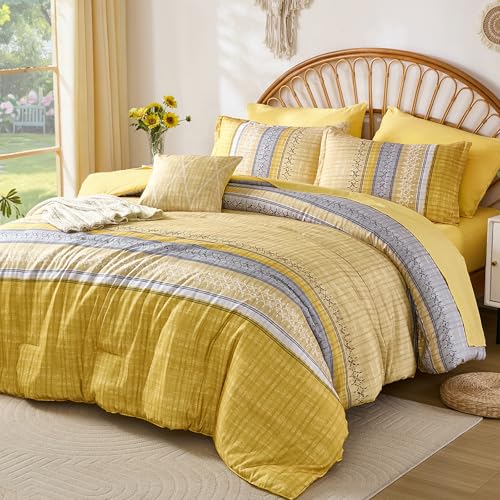 Image of Boho Queen Comforter Size Set, 8 Pieces Yellow Striped Texture Bed in a Bag Bedding Sets, Lightweight Soft Bohemian Comforter and Sheet Set, All Season Microfiber Teen Boys Bedding Sets for Men Women
