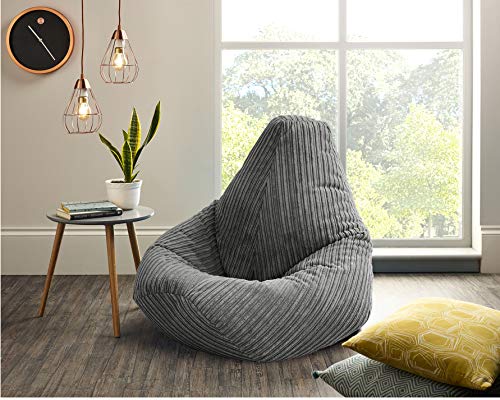 Beautiful Beanbags - Jumbo Cord Beanbag Chair, Large Plush Jumbo Cord High Back Lounger, Recliner (Grey)