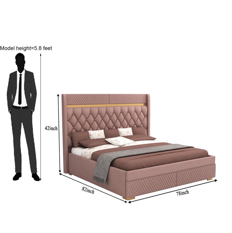 Image of MAMTA DECORATION Solid Wood King Size Bed with Hydraulic Box Storage | Premium Velvet Upholstered Tufted Headboard Double Bed | Wooden Cot Bed for Bedroom, Home, Hotel & Guest Room | Onion Pink Finish