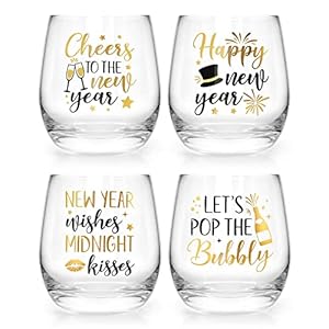 4PCS New Year Stemless Wine Glasses 12 oz Gold Clear Glass Tumbler for Beer Ice Coffee Beverages Funny NYE Party Cup…