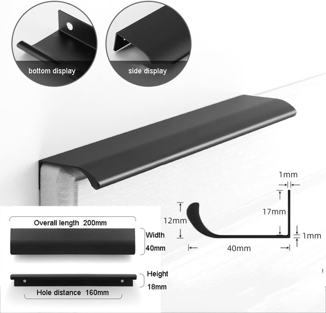 Manijas ocultas, manijas invisibles, de aleación de aluminio, manijas ocultas para gabinete, tiradores de gabinete con borde de dedo, tiradores para cajones, pomos para muebles, color negro, 2 piezas