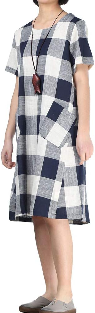 FTCayanz Women's Linen Shirt Dresses Summer Casual Short Sleeve Plaid Tunic Midi Dress - Image 3