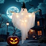 EASY JOY Halloween Deko,weiß Ghost with a Hexenhut,Hanging Lighted Glowing Ghost for Yard, Garden, Patio, Lawn,Outdoor Indoor Lrgendwo Hin