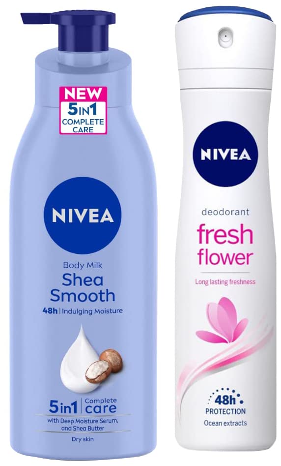 Image of NIVEA Body Lotion for Dry Skin, Shea Smooth, with Shea Butter, For Men & Women, 400 ml & Nivea Deodorant, Fresh Flower for Women, 150ml