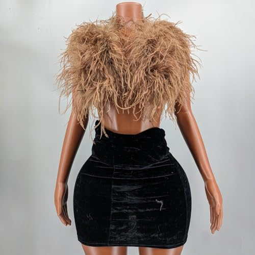 LVCOMEFF Women Natural Ostrich Fur Feather Halter Vest Fluffy Sleeveless Tie Backless Tank Top Shaggy Y2K2