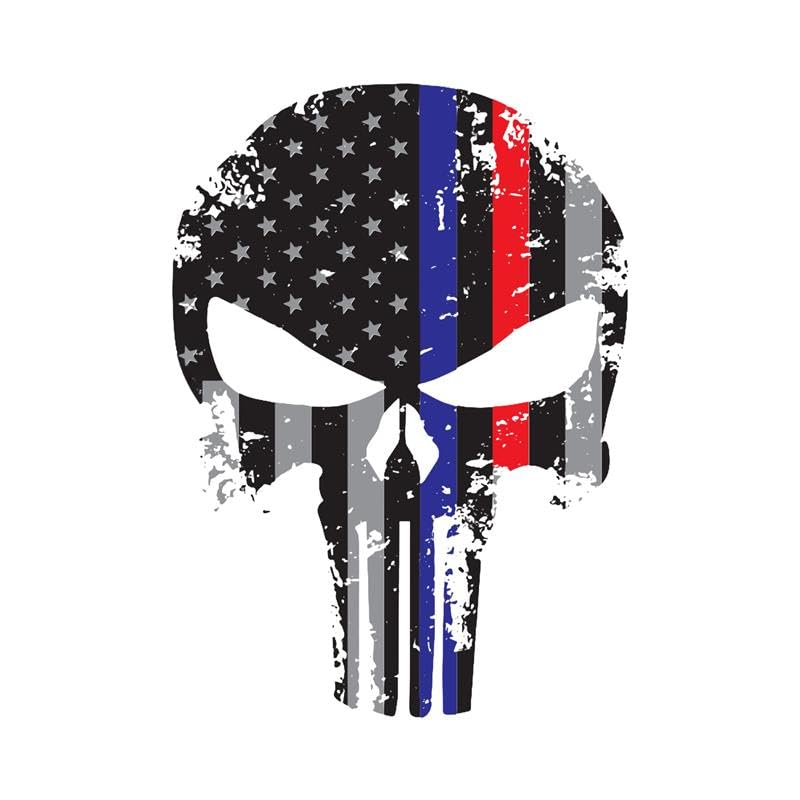 K9King Punisher Skull 5.5 x 4 Inch Tattered Subdued Us Flag Reflective Decal with Thin Line for Cars, Trucks, Laptops and More Thin Blue Line Sticker Police US Flag Enforcement Blue Lives Matter