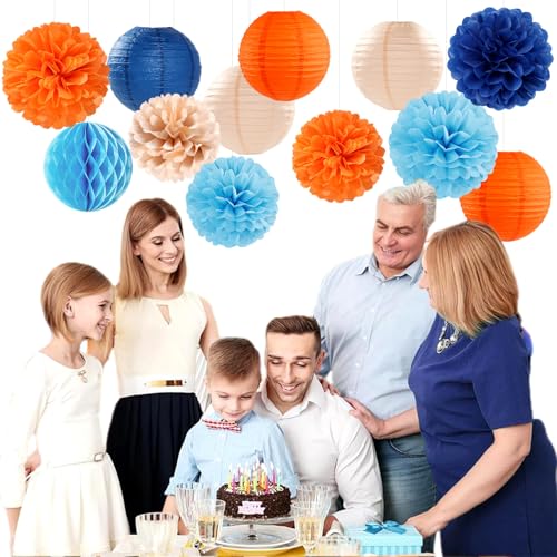 Image of Navy-Blue Orange Champagne Party-Decorations Paper-Flowers - 15pcs Fall Birthday Baby Bridal Shower Tissue Pom Poms Lanterns Streamers Honeycomb, Wedding Bachelorette Hanging Supplies Decor Hugfond