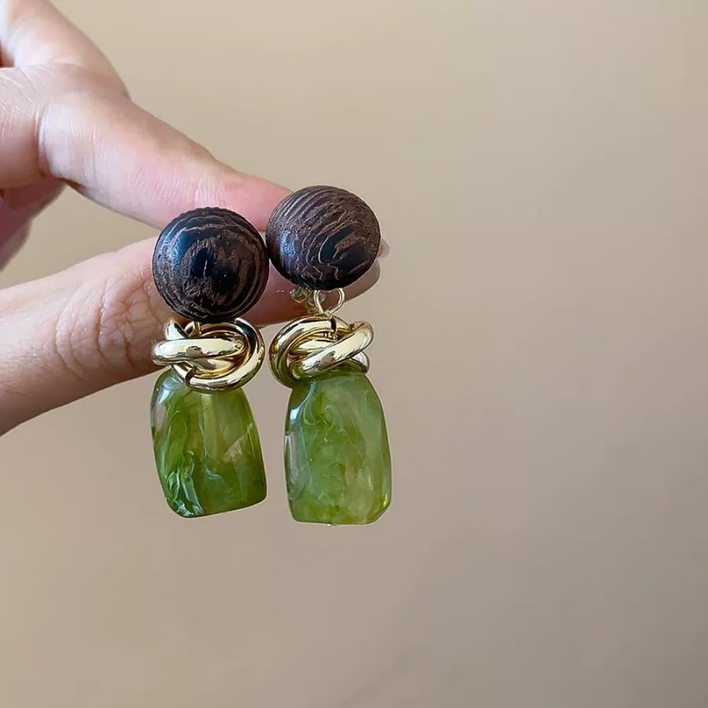 Retro Geometric Statement Earrings for Women Lightweight Resin Imitation Amber Stone Wooden Ball Charms Dangle Drop Earring Vintage Christmas Holiday Birthday Jewelry Gifts - Image 4