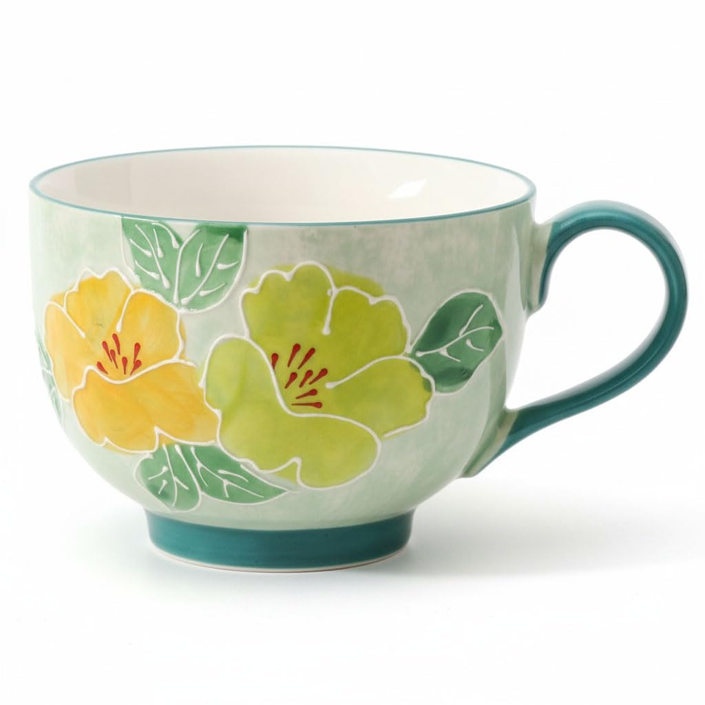 Ceramic Soup Mug with Handles 500ml | Hand-Painted Floral Porcelain Coffee & Tea Cup | Large Jumbo Bowl for Soup, Ramen & Cereal (Big-A, Pattern-B)-image-48