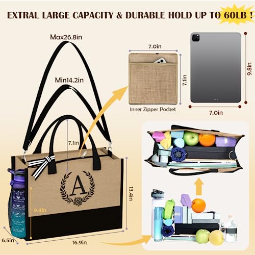 Initial Canvas Tote Bag Makeup Bag, Beach Bag with Zipper, Personalized Mothers Day Gifts for Mom Grandma2