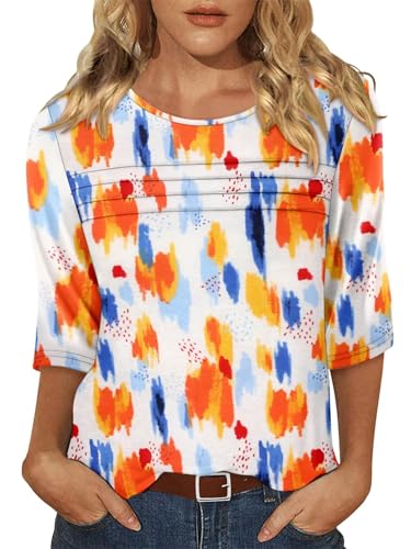 KISSMODA Women's Casual 3/4 Sleeve T-Shirts Round Neck Cute Tunic Tops Basic/Pleated Summer Tops Trendy Spring Blouses
