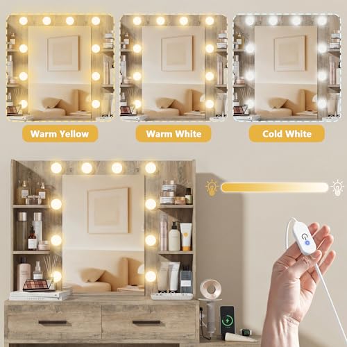 Image of Furmax Makeup Vanity Desk with Mirror and Power Outlet, Vanity with 3 Color Light Options Adjustable Brightness, Vanity Table with 5 Drawers, 6 Storage Shelves, Nightstands (Rustic Oak)