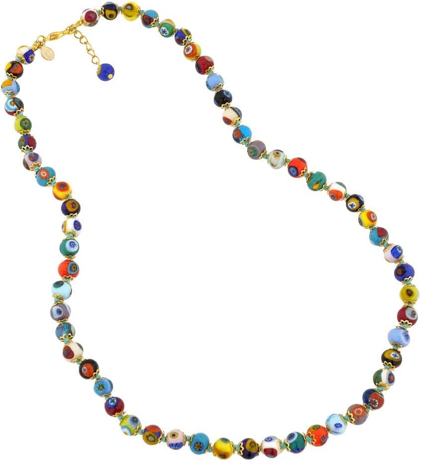 Venice Murano Glass Necklace - Longer 24-Inch Length with Extender - Multicolor Millefiori Beads, Handmade Blown Glass for Women