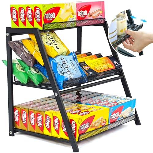 Candy Display Rack with Pull-out Tray, 3-Tire Snack Organizer for Countertop Concession Stand, Metal Snack Display Retail Display Shelf for Store Movie Theater, Chip Bag Holder, Cupcake Display Stand