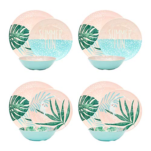 Image of Zak Designs Dinnerware Sets for Indoors and Outdoors, 12 Pieces Melamine Plastic Plate and Bowls for Dinnertime with Family (Summer Prints Pink Tropics)