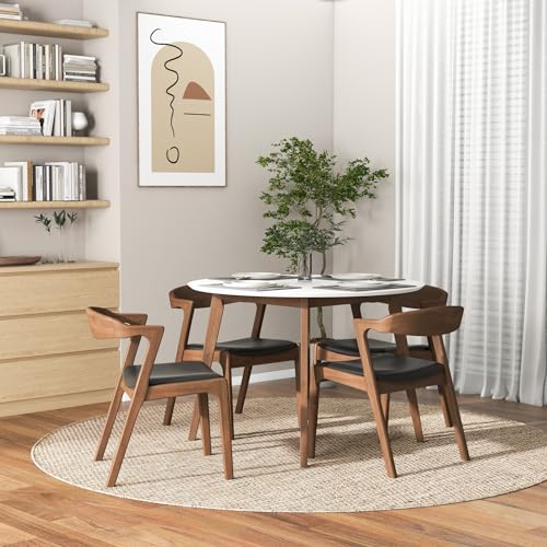 GDFStudio Solid Wood Dining Chair Set of 2, Mid-Century Modern PU Leather Upholstered Chair with Walnut Legs & Frame, Minimal Assembly Perfect for Dining Room, Kitchen, Living Room, 29.3" H Black by GDFStudio - Used condition - Image 6