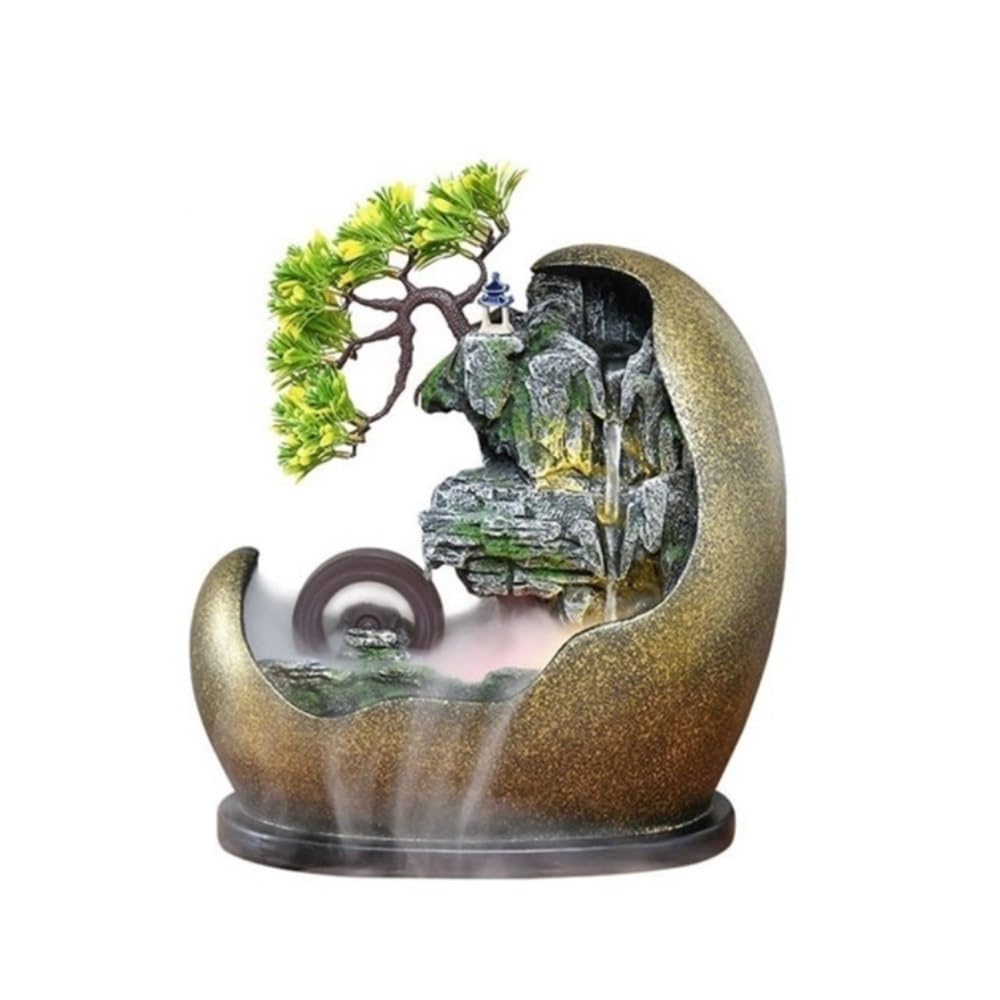 Fontaine cascade de table pour un salon zen avec faux bonsaï et pompe
