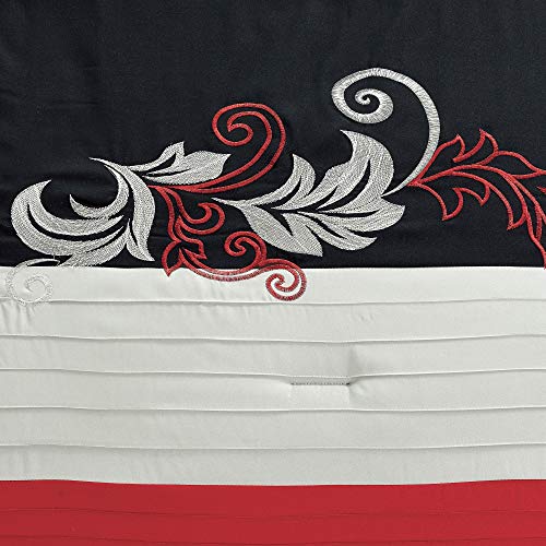 Chezmoi Collection Napa 7-Piece Luxury Leaves Scroll Embroidery Bedding Comforter Set (Full, Red/Gray/Black)