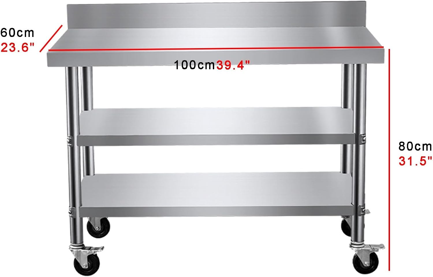 3-Tier Stainless Steel Table with Backsplash Wheels Restaurant Workbench - Fast Food Restaurant Workbench Thickened Tables Top