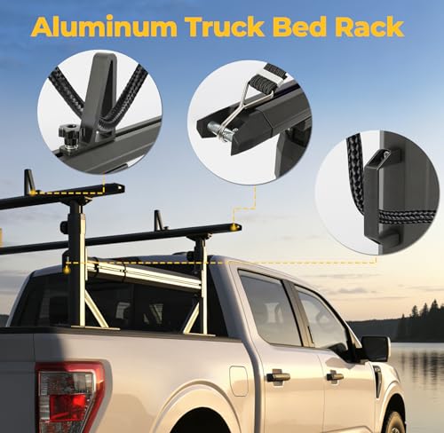 Image of TRUMGETA Adjustable Aluminum Truck Ladder Rack with Side Bar Fit for F150 Silverado Ram Sierra, Clamp-On No Drill Installation, Heavy Duty 1100 LBS Capacity, Truck Bed Rack for Ladders, Kayaks, Bikes