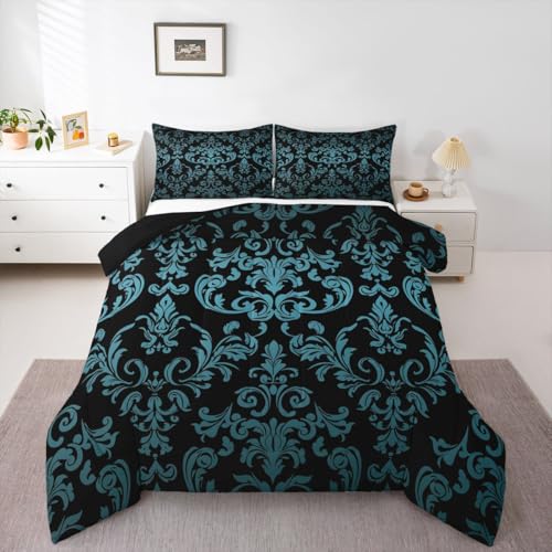 Feelyou Teal Blue Gothic Decor Comforter Set Damask Floral Vintage Bedding Set Adults Antique Baroque Classic Paisley Pattern Retro Goth Teens Bedroom Decor Quilt Bedspread Full Size 3Pcs