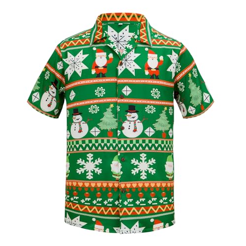 Zando 90s 80s Outfit for Men - Funny Retro Short Sleeve Button Down Hawaiian Shirt for Disco & Themed Party & Beach Green Santa Claus Medium