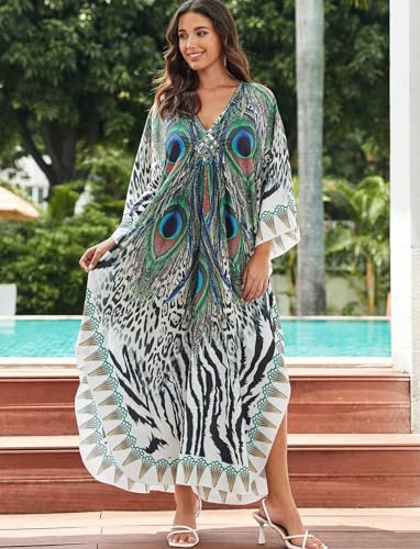 Image of KECVOT Kaftan Dresses for Women Plus Size Batwing Sleeve Caftans Long Bathing Suit Cover Up Maxi Beach Dress Loungewear
