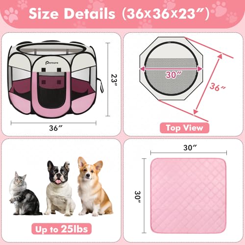 Image of Dog Cat Playpen Indoor Outdoor for Puppy Pet Dog Cat Recovery After Surgery | Dog Tent Crates Cage Indoor /Outdoor, Portable Pop Up Kennel with Carrying Case for Travel (Pink with Pad, Medium)
