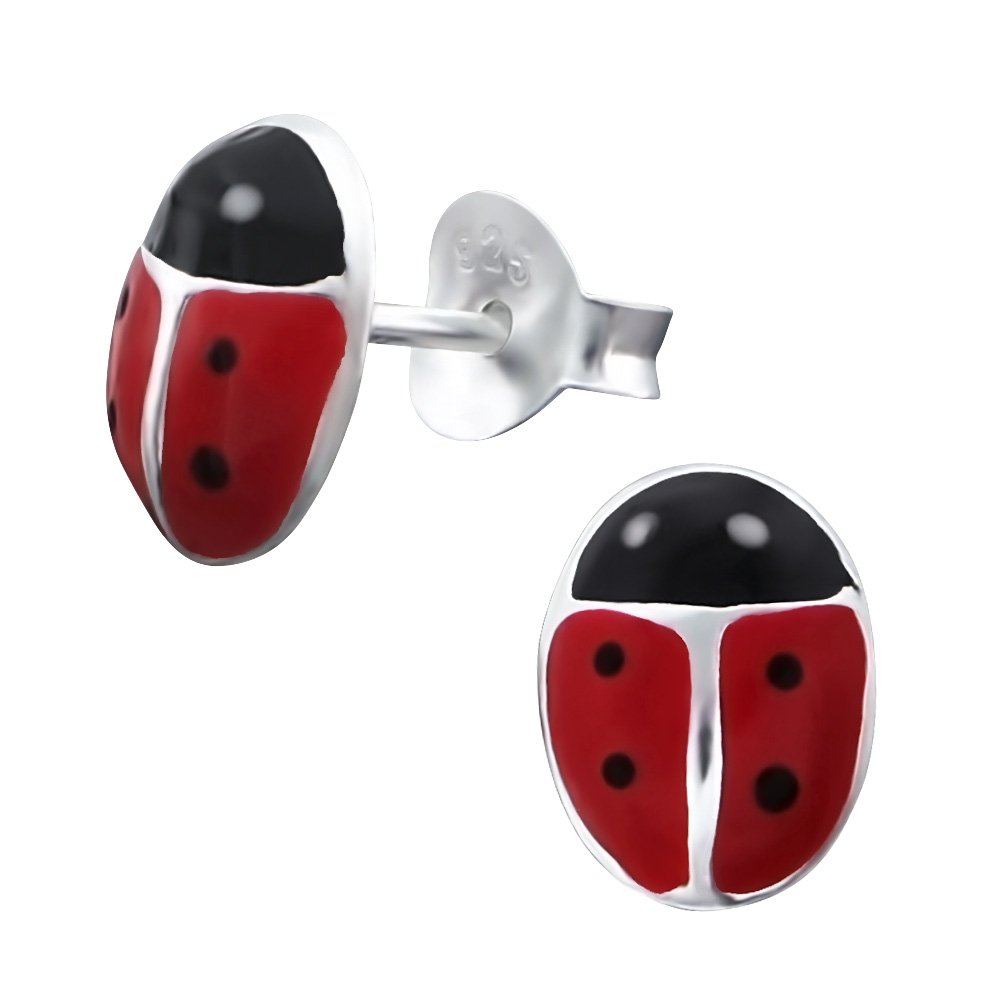 LaimonsKids Pendientes para niña Mariquita Rojo, Negro Plata de ley 925