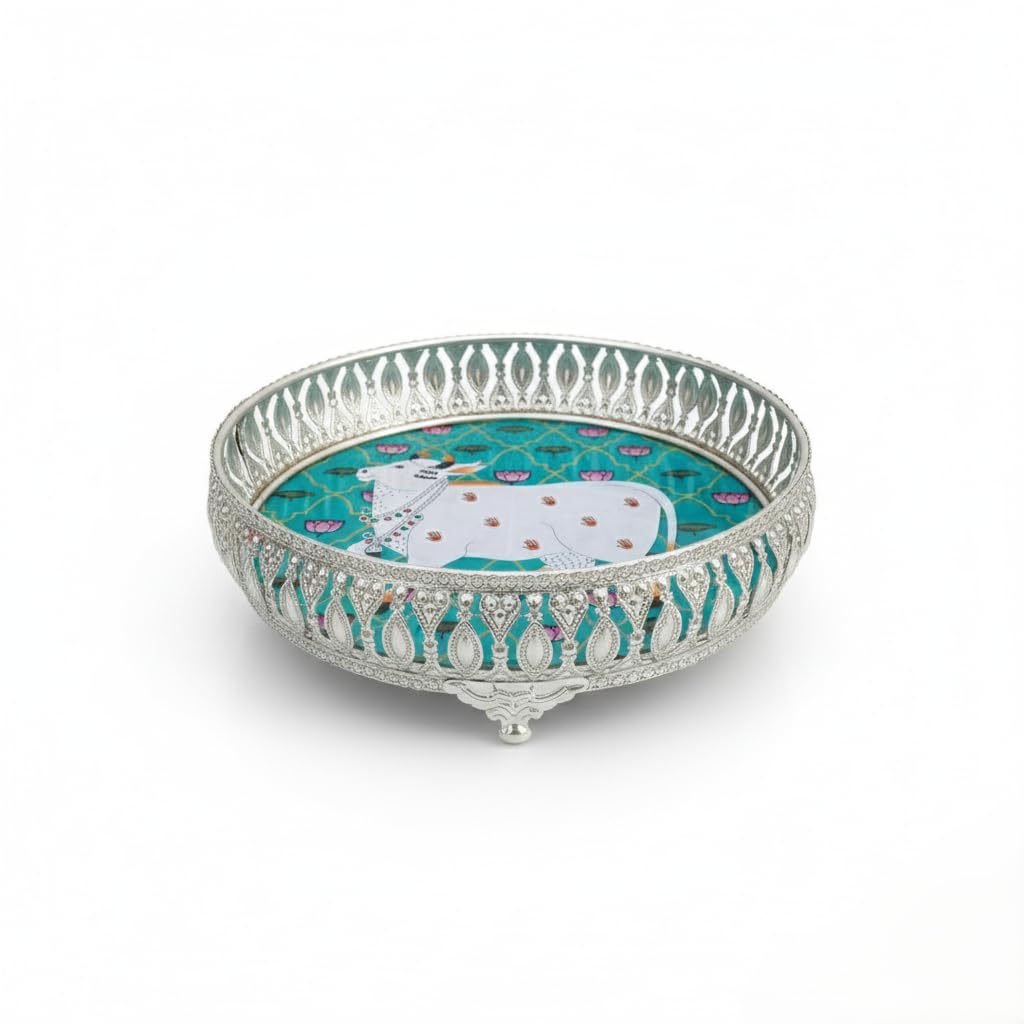 Silver Plated Decorative Flower Basket with Enamel Cow Design – Handcrafted Metal Floral Urli for Home Décor, Temple Use, Festive Gifting & Traditional Indian Rituals-image-1