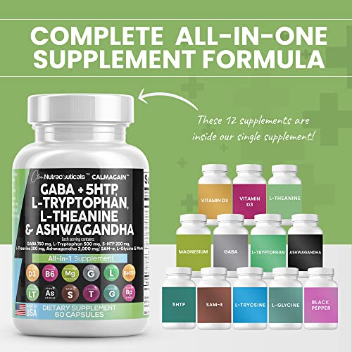 Clean Nutraceuticals Gaba 750Mg 5 Htp 200Mg L Tryptophan 500Mg L Theanine 200Mg Ashwagandha 3000Mg Sam-E L-Glycine - Mood Support Vitamins For Women And Men With L-Tyrosine - Made In Usa 60 Caps #TOP3