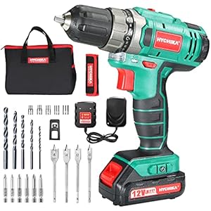 HYCHIKA Trapano Avvitatore Batteria 12V, Batteria 2 Velocità 30N .m Mas, 4x Punte Piatte, 6x Punte Elicoidali, 6x Pezzi di Viti, 5x Chiavi a Hussola e Custodia, Multicolore