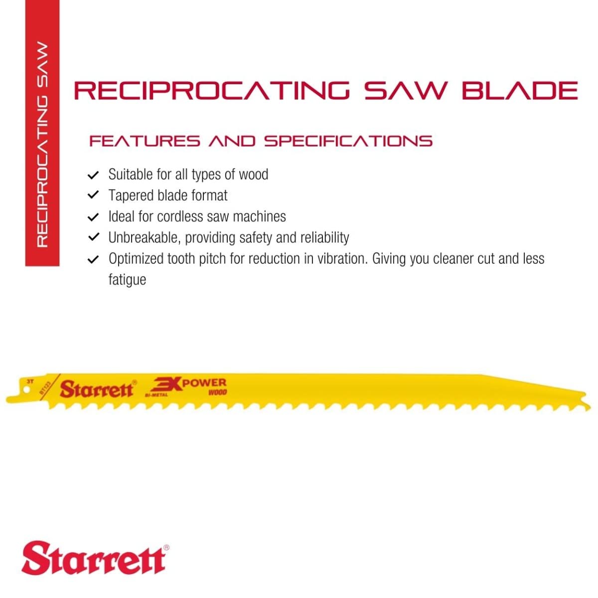 Starrett BT123-20 Lot de 20 lames de reciprocation bi-métal à coupe rapide à usage général, épaisseur 0,050 cm, 3 TPI, longueur 12" x largeur 3/4" (lot de 20)