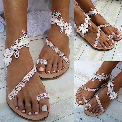 Summer Split Toe Flat Sandals for Women Wide Width Slip On Flower Lace Strap Sandal Ladies Comfy Non-Slip Cushion Footbed Dressy Shoes Bridal Shoe for Wedding Evening Cocktail Vacation3