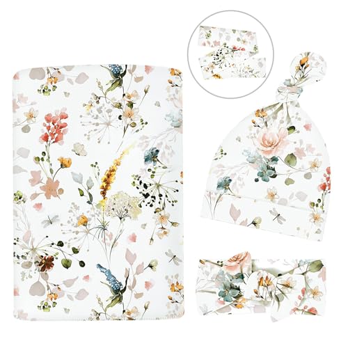 Image of Newborn Swaddle Set with Matching Headband Hat and Bow Set Floral Baby Girl Newborn Receiving Blankets Baby Swaddle Nursery Wildflower Baby Blanket (Blue Flowers)