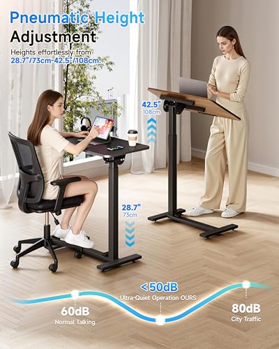 Image of BIZUM Mobile Standing Desk Laptop Desk Pneumatic with Wheels 180 Tilt Top Hospital Bed Table Portable Rolling Cart Foldable Bedside Table for Hospital&Home Use, Walnut