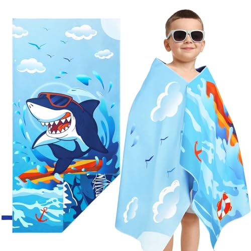 WERNNSAI Shark Kids Beach Towel for boys, 76 X 150 cm Double-sided Towels for Kids, kids Beach Pool Bath Bathroom Swim Towel, Quick Dry Ultra Absorbent Super Soft Beach Blanket Towel