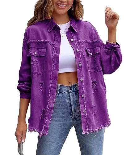 SEMATOMALA Women's Frayed Hem Ripped Denim Shirt Jacket Button Front Boyfriend Jean Coat Oversized Distressed Fall Shacket