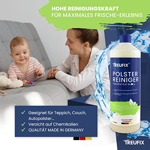 Treufix - Polsterreiniger Konzentrat für Sofa, Couch & Matratzen - Effektives Teppich Reinigungsmittel 1L - Geeignet für Waschsauger, Nasssauger und Handreinigung - Zitrus- Made in DE