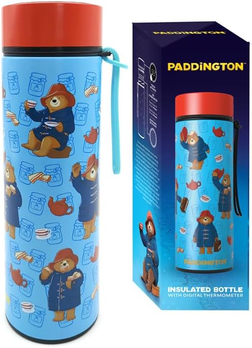 Puckator Paddington Bear Hot & Cold Digital Thermometer Bottle - Reusable Insulated Active Water Bottle Flask for Girls and Boys with A Carry Handle & Straw - Bpa Free - for School Nursery
