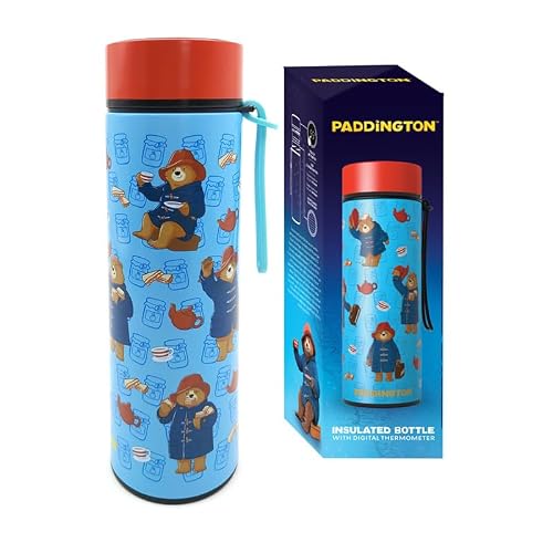 Puckator Paddington Bear Hot & Cold Digital Thermometer Bottle - Reusable Insulated Active Water Bottle Flask For Girls And Boys With A Carry Handle - Bpa Free - For School Nursery