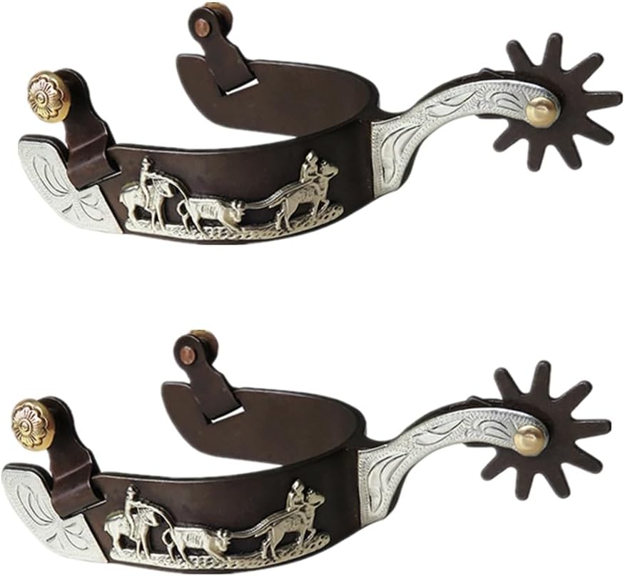 UNISTRENGH 2Pcs Western Spurs Vintage Carved Spurs Retro Bronze Low Carbon Steel Horse Spurs with Turnable Gear, for Horse