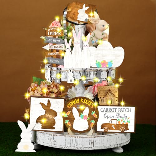 Marsui Easter Tiered Tray Decor Happy Easter Tiered Tray Ornament Rustic Farmhouse Spring Sign Bunny Truck Gnome Egg Wooden Sign for Home Table Decor(Bunny)