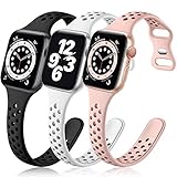 SNBLK 3 Pack Slim Band Compatible with Apple Watch Bands 38mm 40mm 41mm for Women, Breathable Soft Silicone Thin Wristband for iWatch SE & Series 7/6/5/4/3/2/1, Black/White/Sand Pink