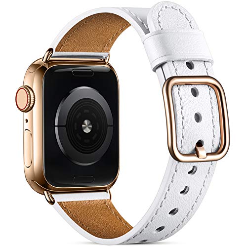 Nofeda Leather Band Compatible with Apple Watch 38mm 40mm Women Men, Top Genuine Leather Vintage Replacement Strap Bands for iWatch Series 1/2/3/4/5/6 iWatch SE (White/Rosepink Buckle)