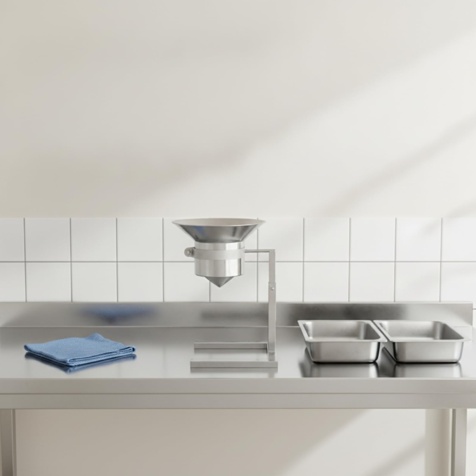 Imbuto in Acciaio Inox con Supporto da Banco Imbuto Dosatore con Stativo Regolabile Professionale Tramoggia in Acciaio Inox per Ristoratori, Macellai , 12 Cm